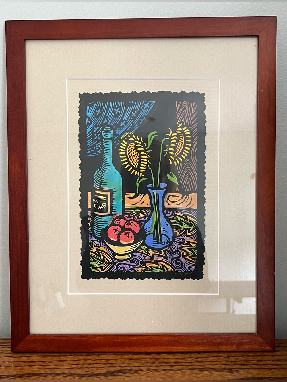 "Sunflowers" Original Linocut Linoleum Block Print Acrylic Painting Signed